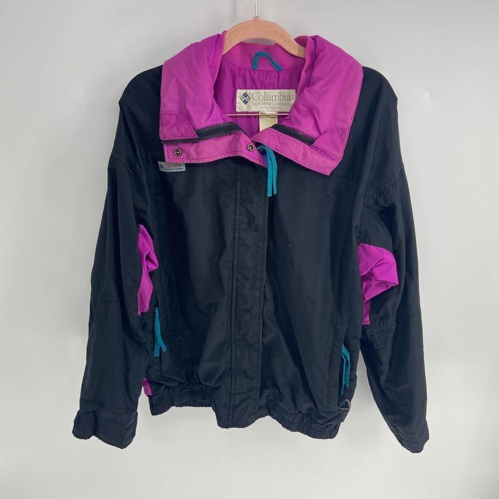 Columbia VTG 90s full zip windbreaker winter coat black pink purple womens L